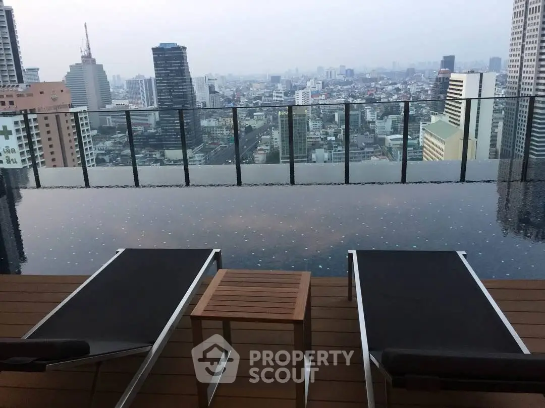 Luxurious rooftop pool with stunning city skyline view and modern lounge chairs.