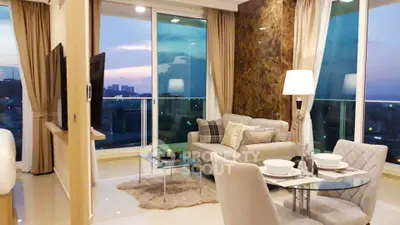 Luxurious living room with panoramic city view and elegant decor