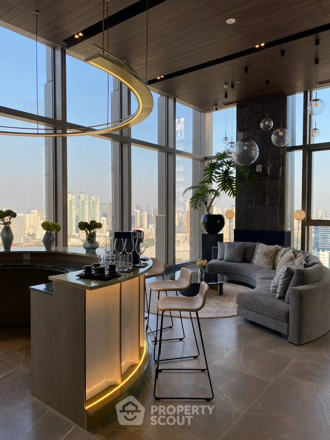 Luxurious modern living room with stunning city view and elegant decor