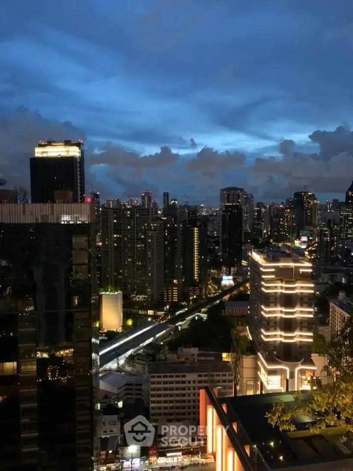 Stunning cityscape view from a high-rise building at dusk with illuminated skyline.