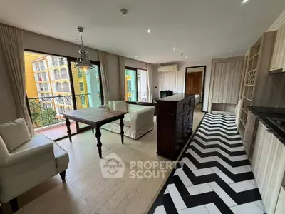 Spacious living room with stylish flooring and ample natural light in modern apartment.