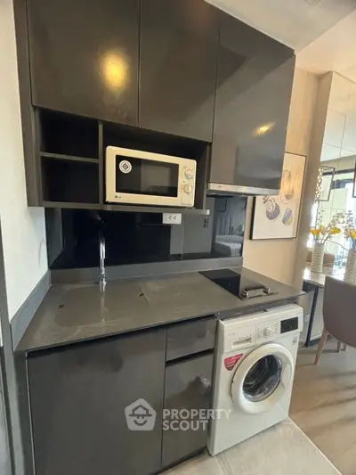 Modern compact kitchen with sleek cabinets and built-in appliances