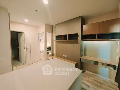 Modern bedroom with sleek built-in storage and ambient lighting, perfect for urban living.