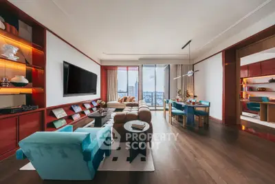 Luxurious modern living room with city view, featuring elegant furniture and stylish decor.