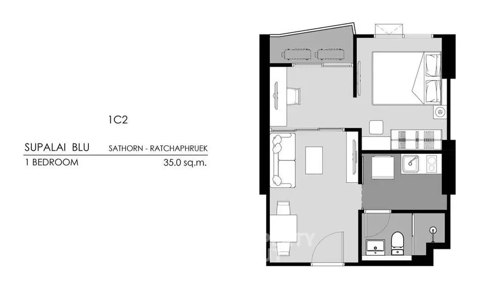 Modern 1-bedroom floor plan at Supalai Blu, Sathorn-Ratchaphruek, 35 sq.m.