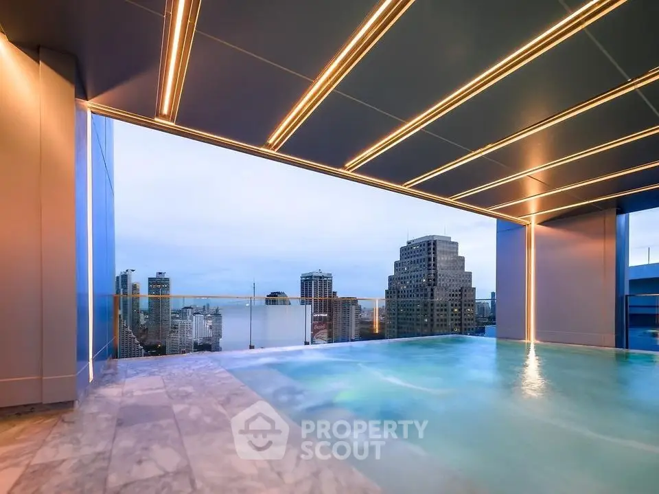 Luxurious rooftop pool with stunning city skyline view and modern lighting.