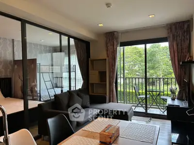 Modern living room with balcony view and stylish furniture
