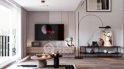 Stylish modern living room with elegant decor and balcony view