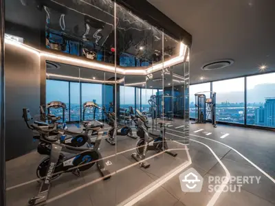 Luxury high-rise gym with panoramic city views and modern fitness equipment.