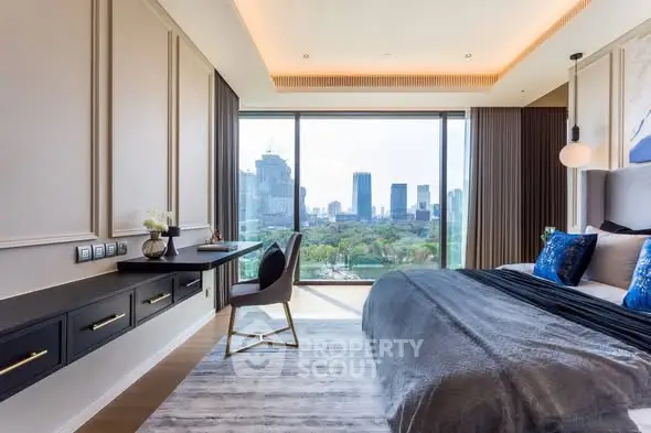 Luxurious bedroom with stunning city view and elegant decor