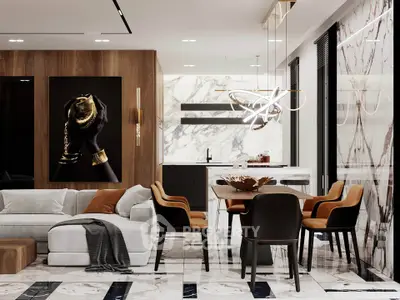 Luxurious modern living room with elegant dining area and marble accents