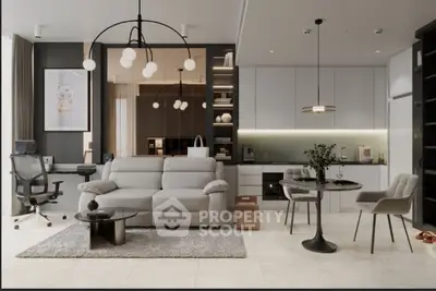 Modern living room with stylish furniture and open kitchen layout, perfect for contemporary urban living.