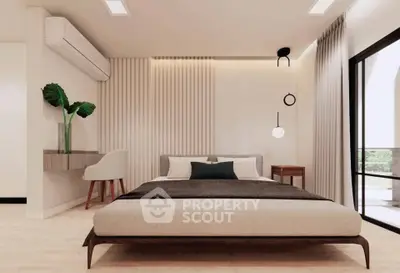 Modern bedroom with stylish decor and large window for natural light