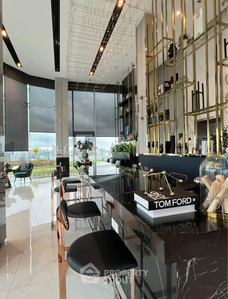 Luxurious modern living room with high ceilings, elegant decor, and large windows offering stunning views.