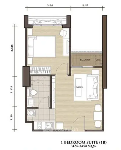 1 bedroom suite floor plan with balcony and living area