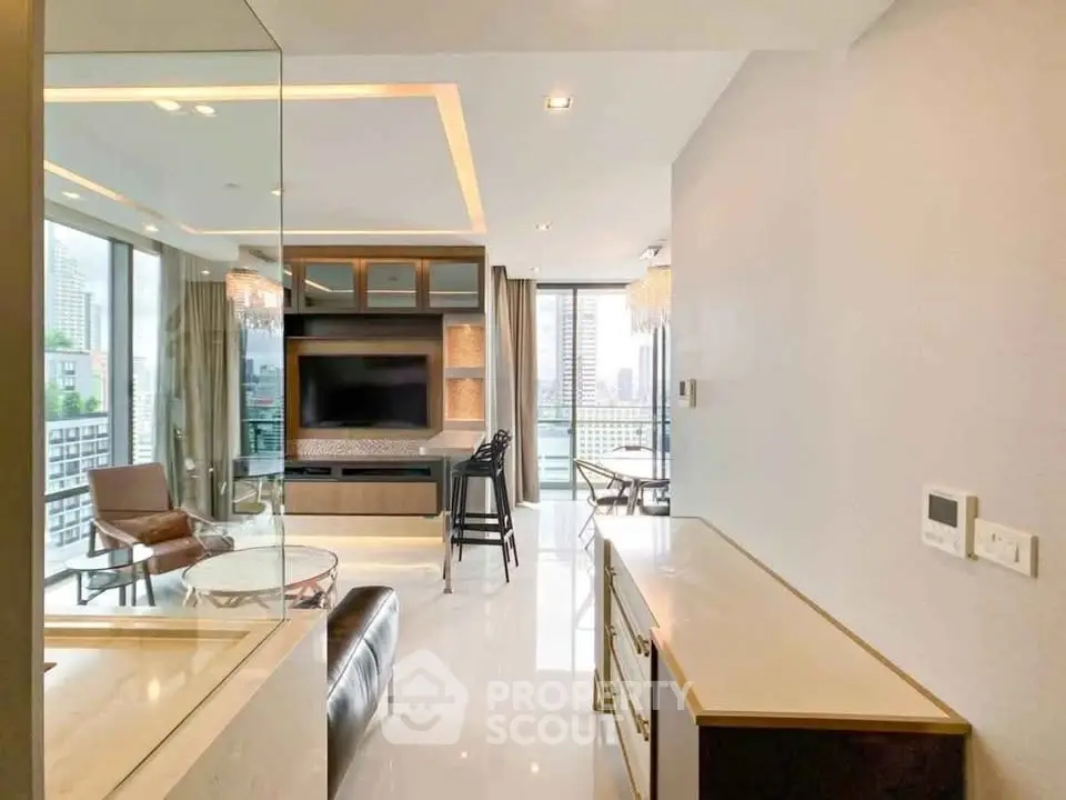 Luxurious modern living room with city view and elegant furnishings