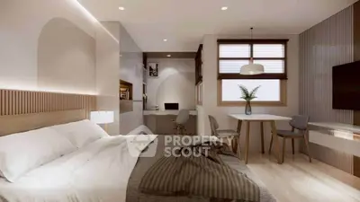 Modern bedroom with stylish decor, featuring a cozy bed, study area, and dining space, perfect for urban living.