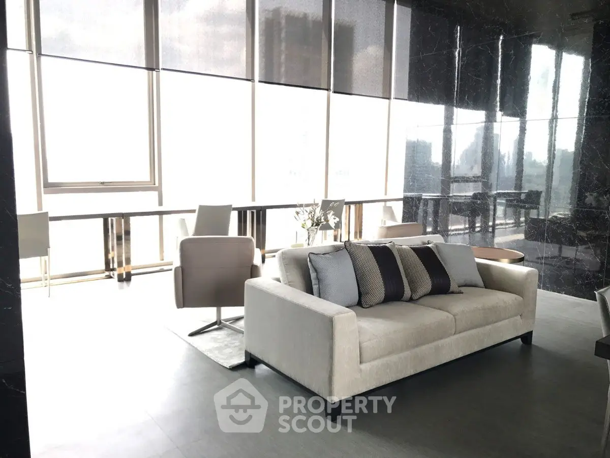 Luxurious modern living room with elegant sofa and panoramic city view.