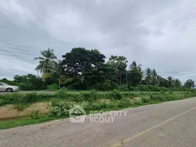 Scenic roadside view with lush greenery and palm trees under a cloudy sky.