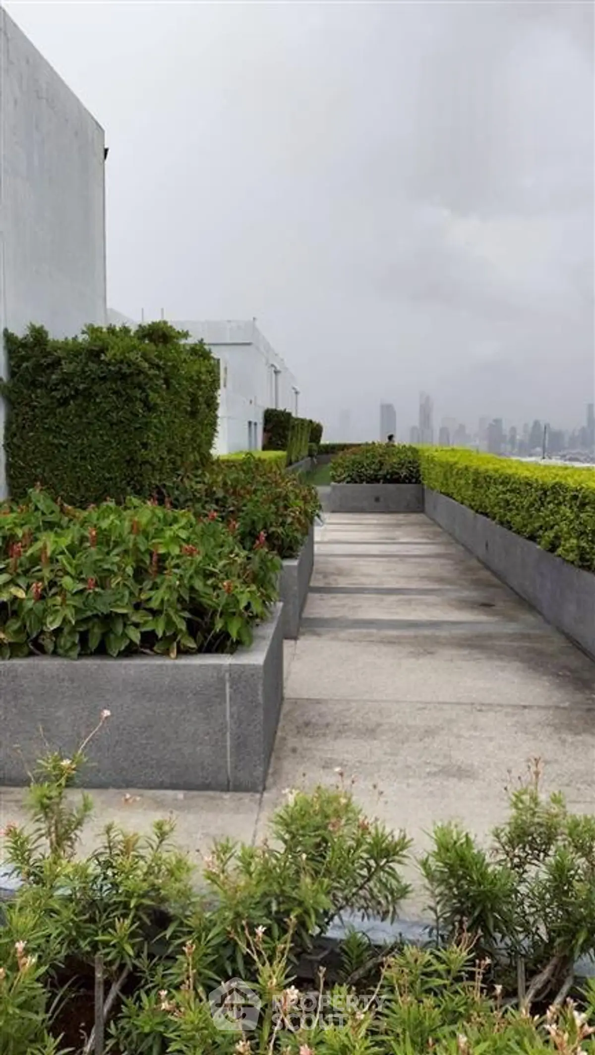 Stunning rooftop garden with lush greenery and city skyline views, perfect for relaxation and entertainment.