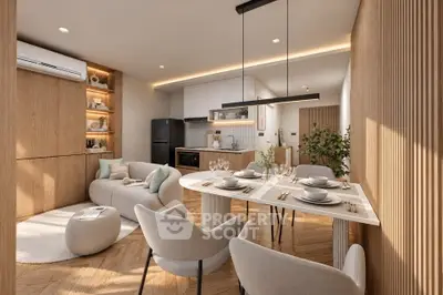Modern open-plan living and dining area with stylish decor and natural wood accents.