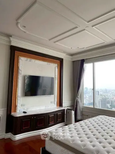Luxurious bedroom with city view and elegant decor
