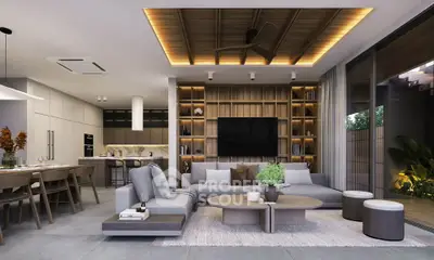 Luxurious modern living room with open kitchen, stylish decor, and natural lighting.