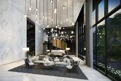 Luxurious modern living room with high ceilings and elegant lighting
