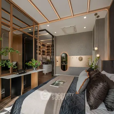 Luxurious modern bedroom with elegant decor and walk-in closet