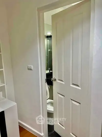 Compact bathroom with white door and modern fixtures in cozy apartment.