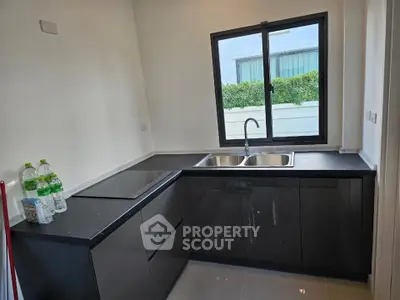 Modern kitchen with sleek black cabinets and large window view