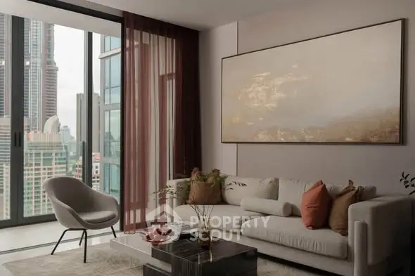Luxurious modern living room with floor-to-ceiling windows and stunning city view.