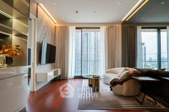 Luxurious modern living room with city view, elegant decor, and floor-to-ceiling windows.