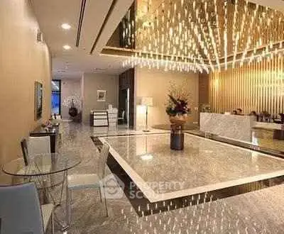 Luxurious building lobby with elegant lighting and marble flooring