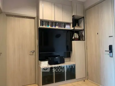 Modern living room with sleek entertainment center and stylish decor