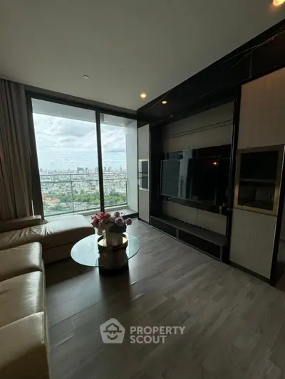 Luxurious living room with stunning city view and modern decor