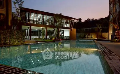 Luxurious modern poolside view with elegant architecture and serene ambiance at dusk.