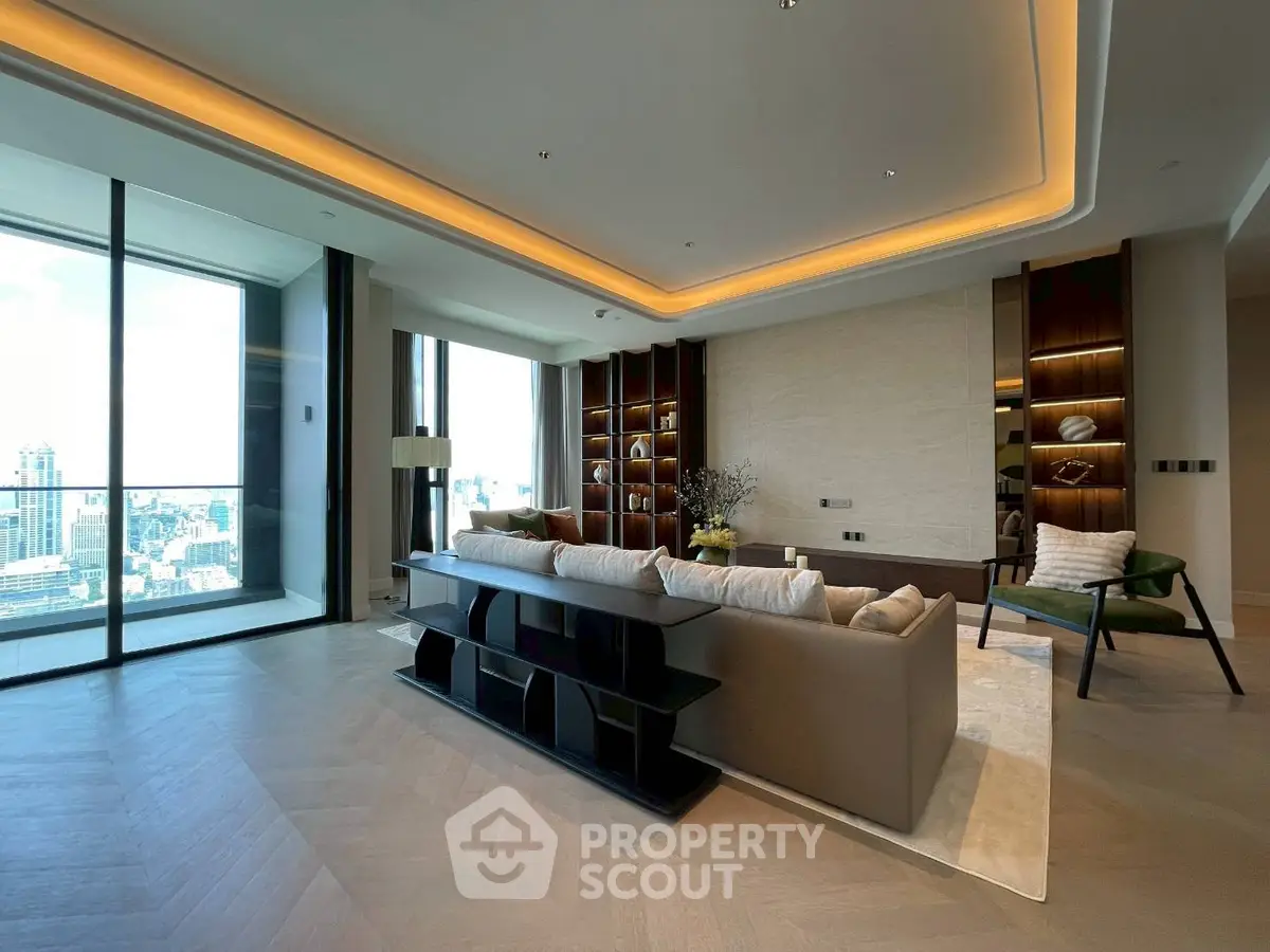 Luxurious modern living room with stunning city view and elegant interior design