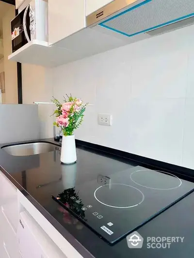 Modern kitchen with sleek black countertop and induction stove