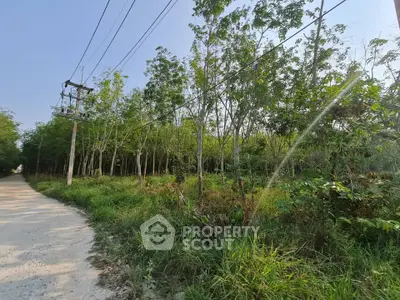 Scenic view of lush green land with trees and clear blue sky, ideal for real estate development.