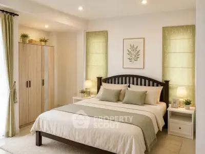 Elegant bedroom with stylish decor and natural light, featuring a cozy bed and modern furniture.