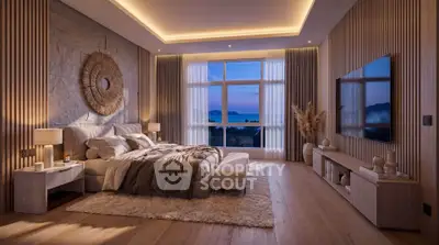 Luxurious bedroom with modern decor and stunning ocean view through large windows.