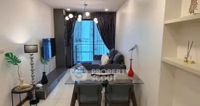 Modern living room with stylish decor and large window view