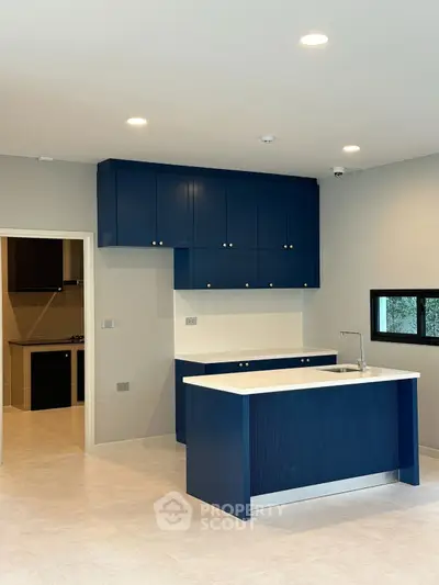 Modern kitchen with blue cabinets and island, featuring sleek design and ample storage space.