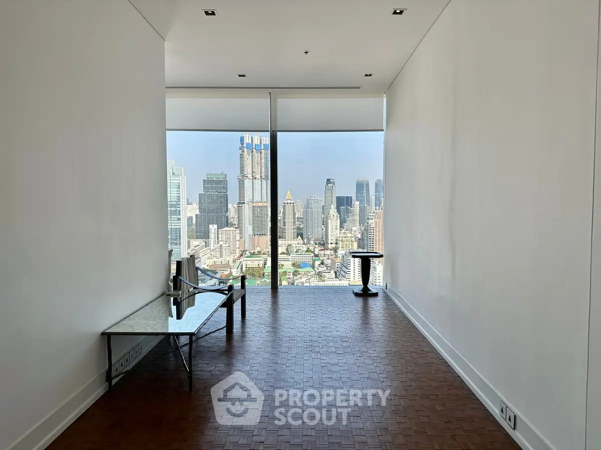 Stunning city view from modern minimalist apartment with parquet flooring.