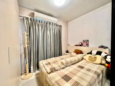 Cozy bedroom with plaid bedding and modern decor, featuring ample natural light and stylish curtains.