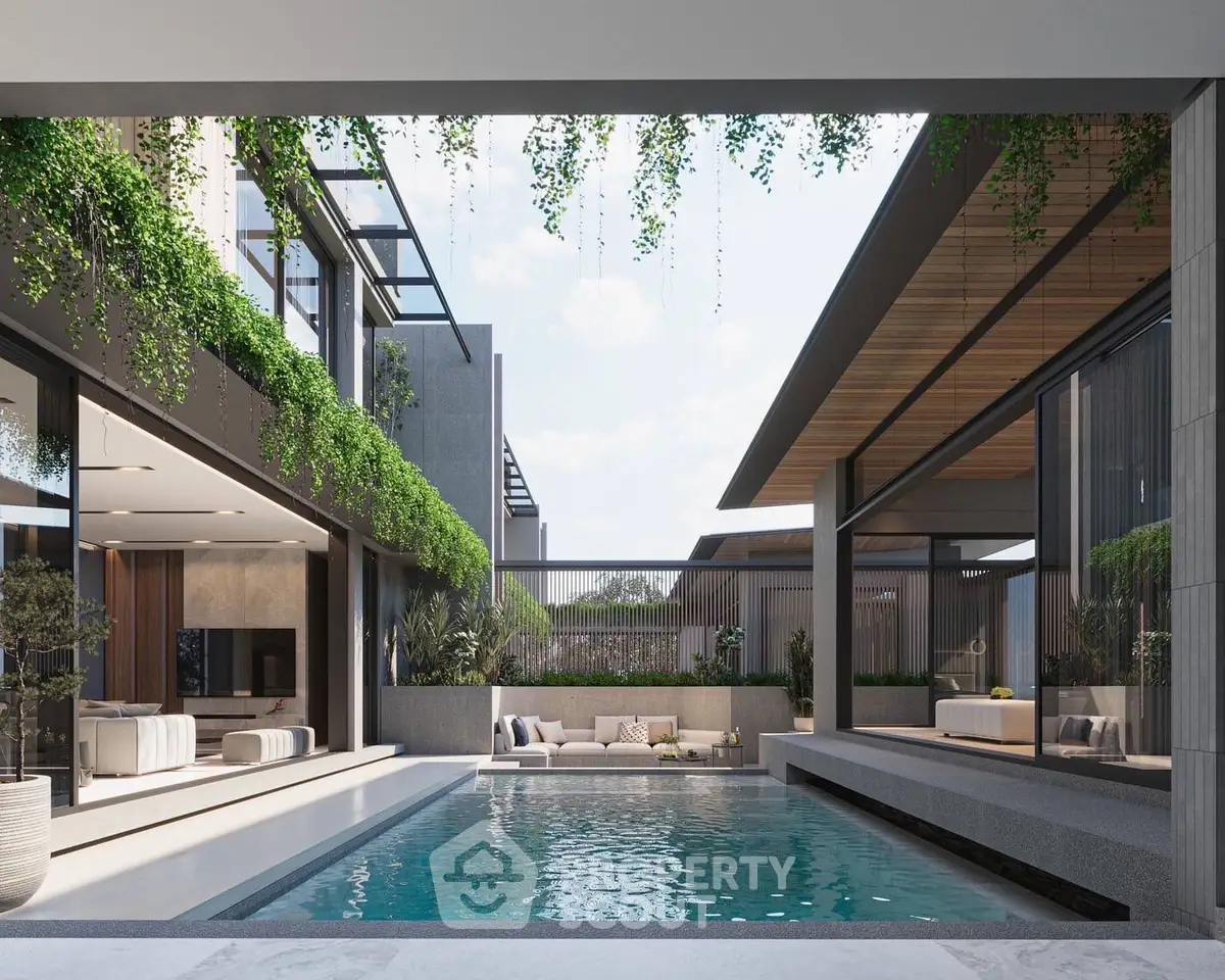 Luxurious modern home with stunning pool and lush greenery, perfect for relaxation and entertainment.