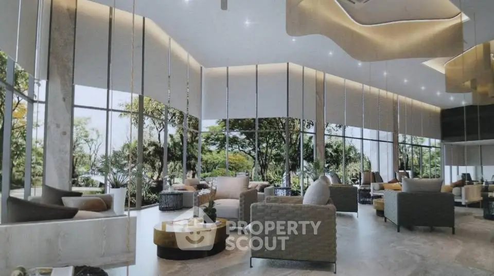 Luxurious modern lobby with elegant seating and panoramic garden views