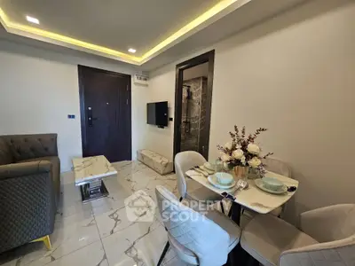 Modern living room with elegant dining area and marble flooring in a stylish apartment.