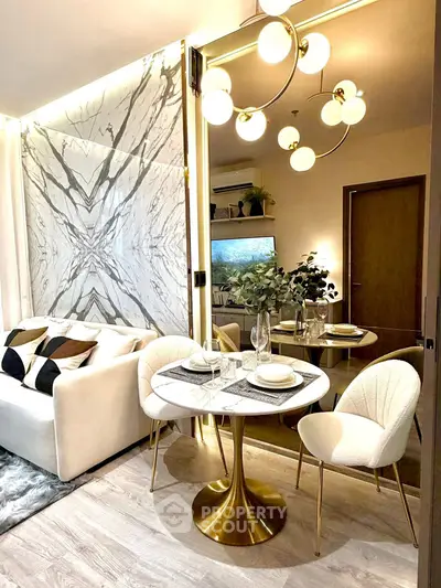 Luxurious modern living room with elegant dining area and stylish lighting